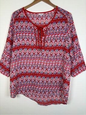 Antilia Femme XL Boho Geo Print Tunic Top Red Tie Neck 3/4 Sleeve